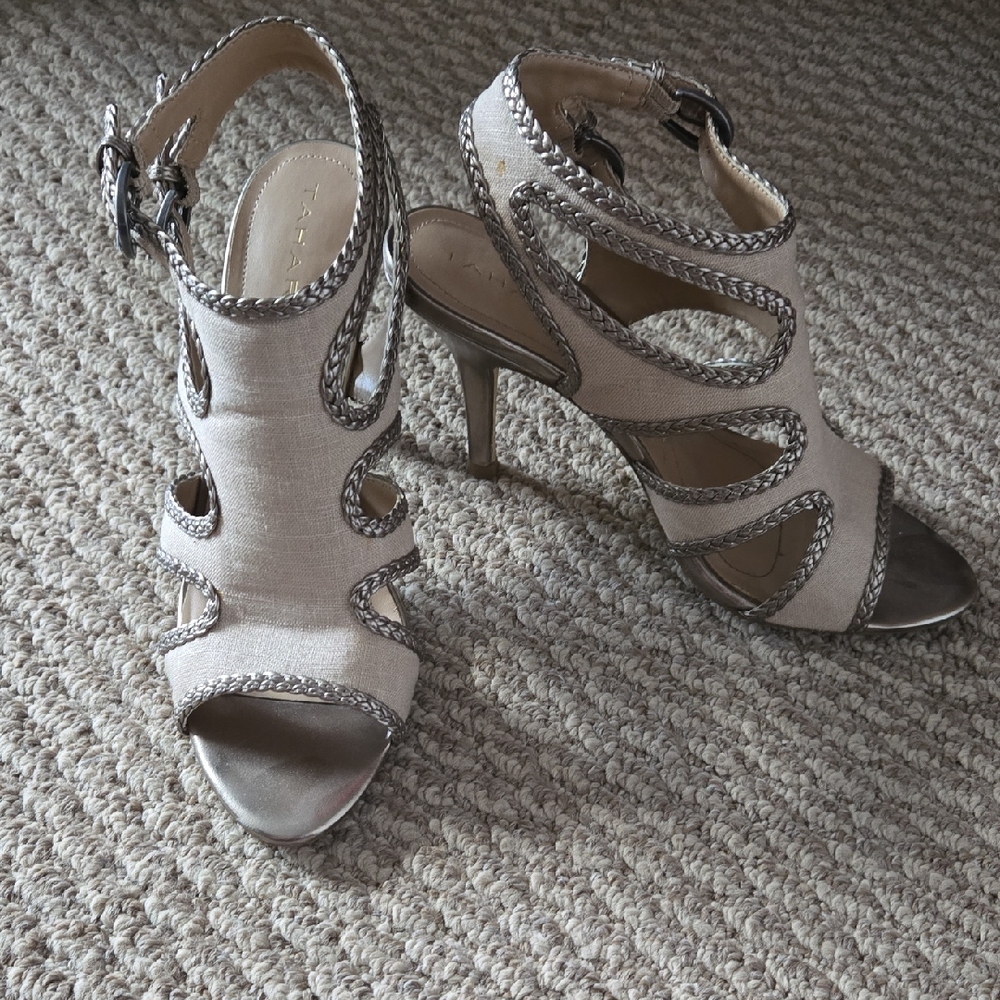 Tahari Open-Toe Braided Trim High Heel Sandals in Cream